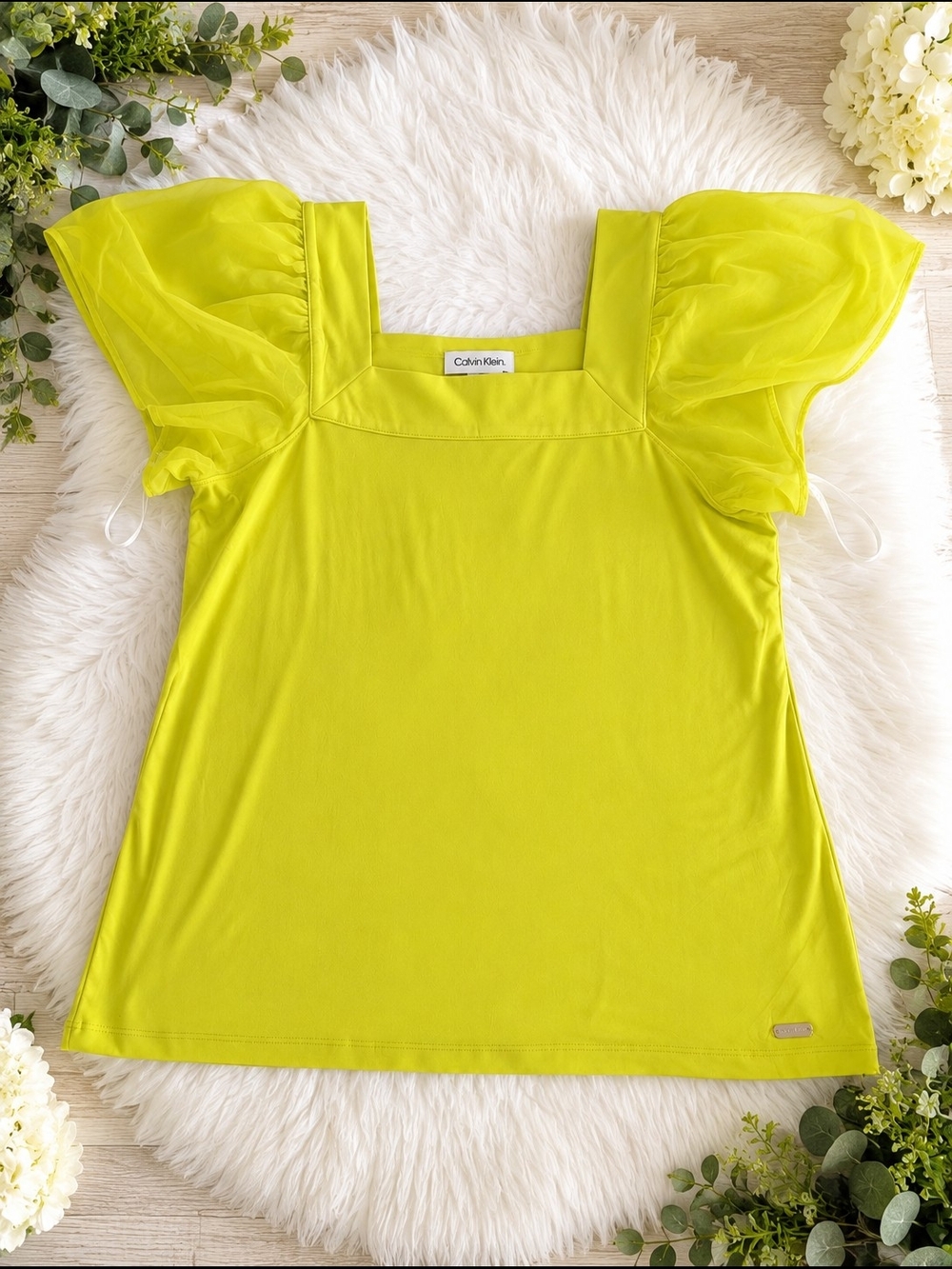Calvin Klein XL Chartreuse Square Neck Puff Sleeve Blouse Sheer Sleeve Top